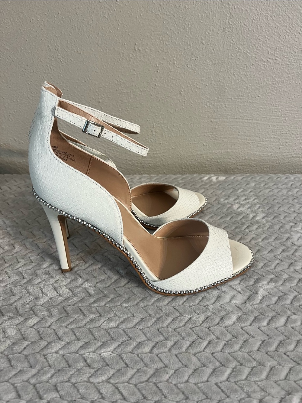 BCBGeneration White Textured Open-Toe Ankle-Strap Heels with Studded Trim